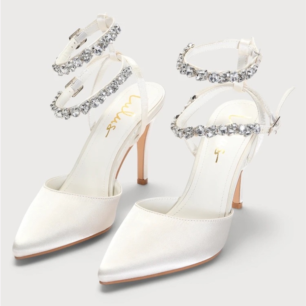 Lulus NEW Syene White Satin Rhinestone Pointed-Toe Ankle Strap Heels